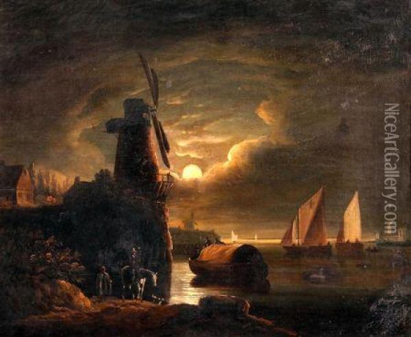 Moonlit River Scene With Barges Oil Painting - Sebastian Pether