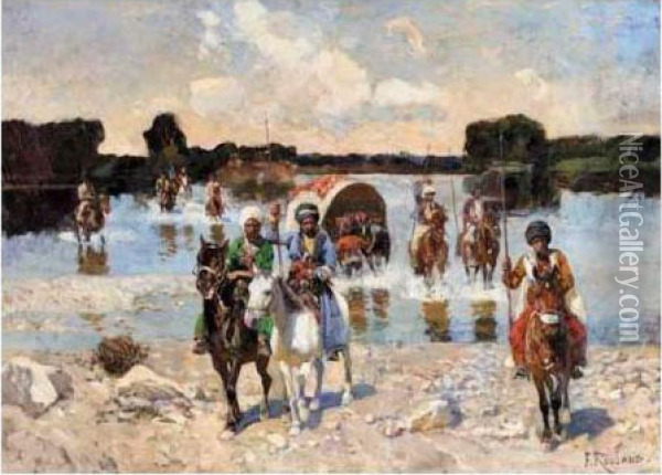 Caucasian Warriors Crossing The River Oil Painting - Franz Roubaud