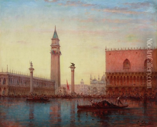 A View Of Piazza San Marco From Across The Lagoon, Venice Oil Painting - Charles Clement Calderon
