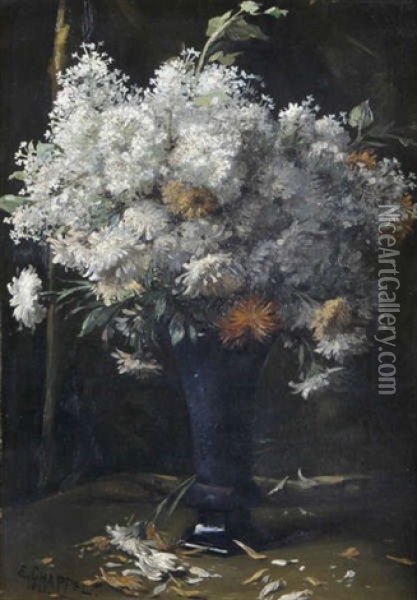 Nature Morte Aux Lilas Blanches Et Marguerites Dans Un Vase Oil Painting - Edouard Chappel