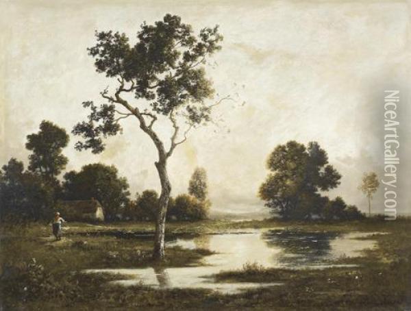 Landschaft Mit Bauerin Und Teich. Oil Painting - Leon Richet