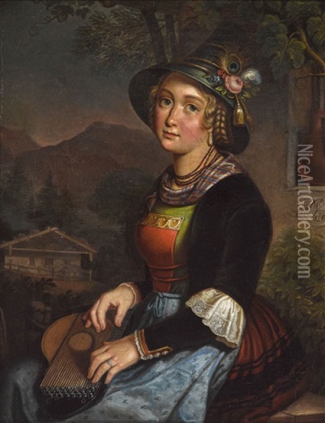 Dirndl Aus Dem Oberland Mit Zither Oil Painting - Georg Wilhelm Wanderer