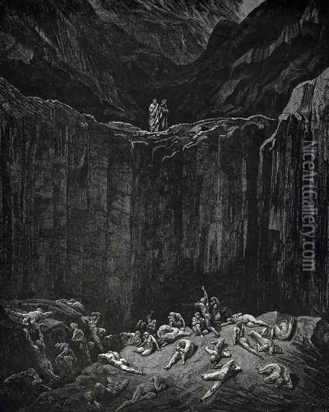 The Inferno, Canto 29, lines 52-56: Then my sight Was livelier to explore the depth, wherein The minister of the most mighty Lord, All-searching Justice, dooms to punishment The forgers noted on her dread record. Oil Painting - Gustave Dore