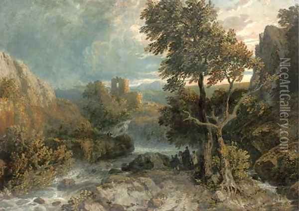Travellers beside a river before castle ruins at dusk Oil Painting - William Havell