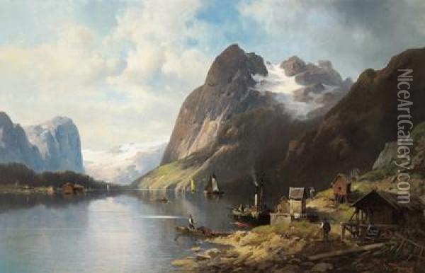 Il Fiordo Di Hardanger Con Una Nave A Vapore Ancorata Oil Painting - Josef Thoma