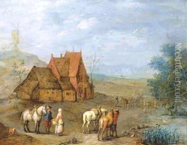 A landscape with travellers and their horses before a farmhouse, windmill beyond Oil Painting - Joseph van Bredael