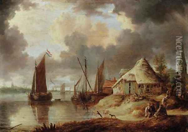 A river estuary with sailboats and peasants on a track near a thatched barn Oil Painting - Peter van den Velde