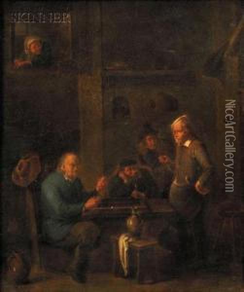 Tavern Interior With Backgammon Players Oil Painting - Cornelis Mahu