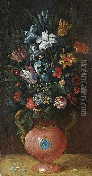 Irises, Roses, Tulips, Chrysanthemums And Other Flowers In An Earthenware Vase Oil Painting - Frans II Francken