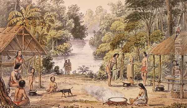 A Settlement on the Upper Pomeroon, Sambura, Guiana- Caribs Crushing Sugar Cane and Making Cassava Bread, from `Indian Tribes of Guiana' Oil Painting - W.H. Brett