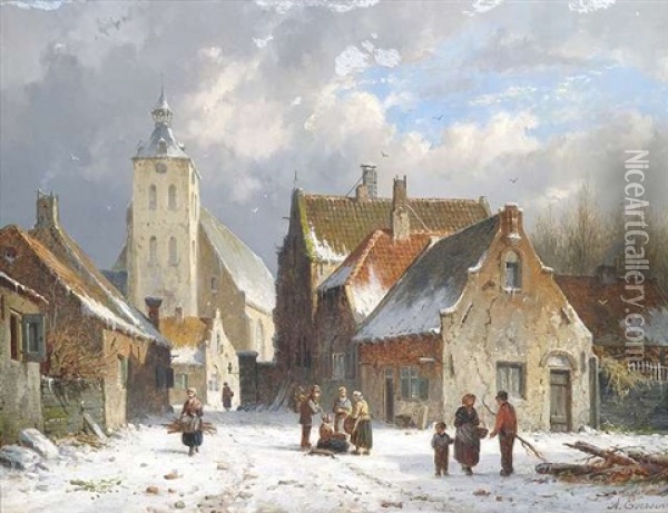 Winterliche Strasenszene In Einer Hollandischen Kleinstadt Oil Painting - Adrianus Eversen