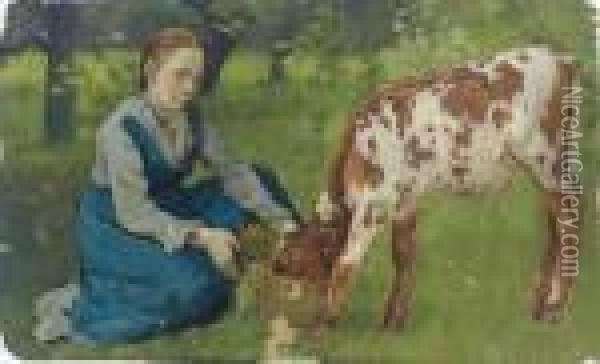 Woman With Calf Oil Painting - Theodore Robinson