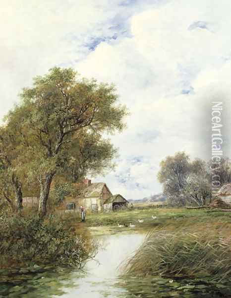 Pond with Ducks and Farmhouse Beyond Oil Painting - Joseph Thors