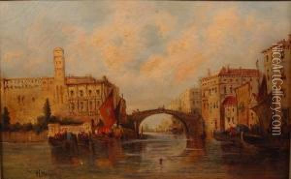 Scorcio Di Venezia Con Ponte E Imbarcazioni Oil Painting - William Meadows