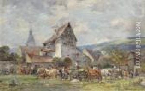 Viehmarkt Vor Der Stadt. Oil Painting - Karl Stuhlmuller