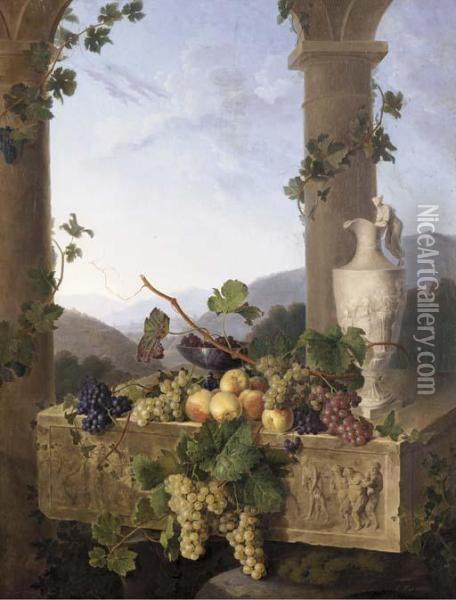 Grapes, Peaches And A Classically Inspired Pitcher On A Marble Relief Depicting Classical Figures Under An Italianate Arch In A Country Landscape Oil Painting - Emmanuel Fries