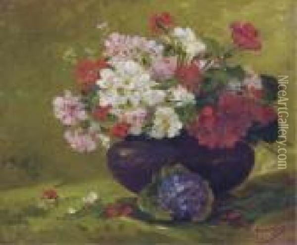 Vase With Red, Pink And White Geraniums Oil Painting - Eugene Henri Cauchois