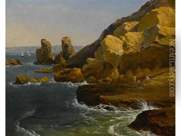Bathers Along A Rocky Coast, Believed To Be Northern California Oil Painting - Albert Bierstadt
