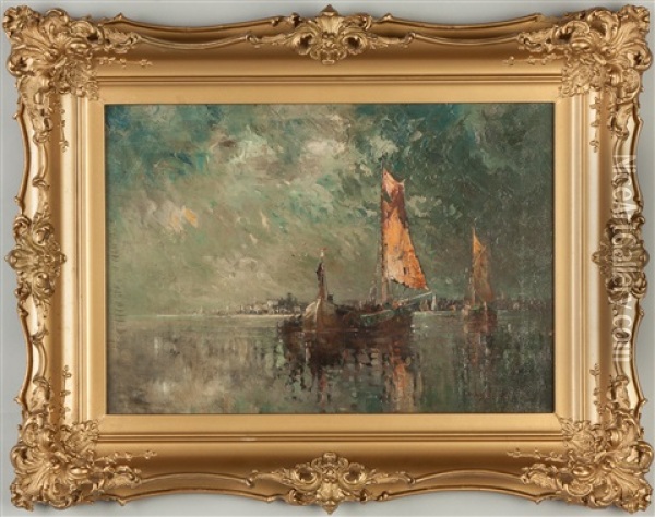 Boats At Dusk Oil Painting - Edwin Harris