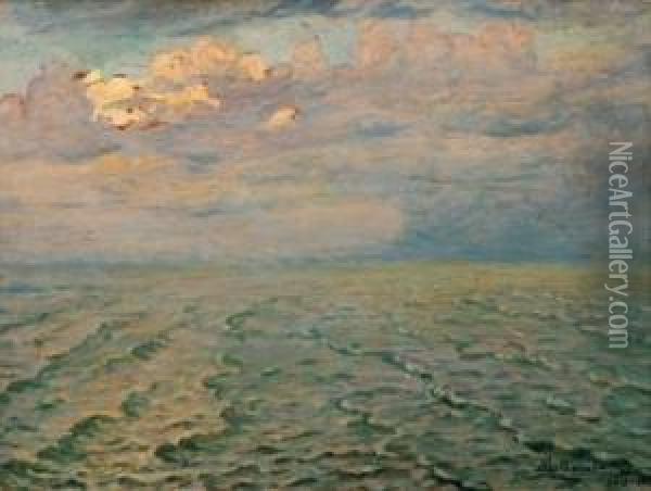 Grado - marina Dal Pontile Dei Bagni - 1929 Oil Painting - Lazzaro Pasini