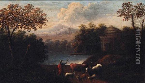 River Landscapes With Drovers On Paths, Castles Beyond Oil Painting - Jan Baptist Huysmans