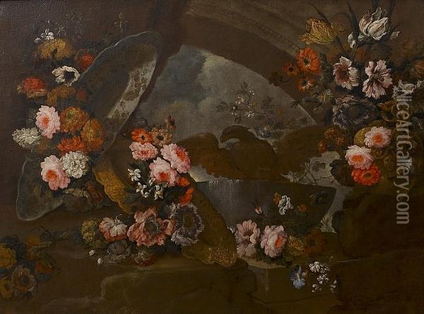 An Eagle In A Stone Bath Surrounded By Garlands Of Flowers Before An Arch Oil Painting - Giuseppe Vincenzino