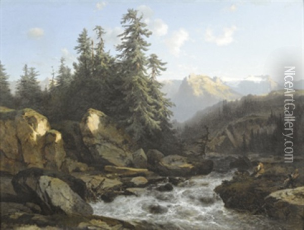 Gebirgslandschaft Mit Bergbach Und Urirotstock Oil Painting - Alexandre Calame