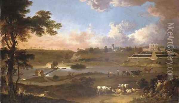 View Of Sprotborough Hall, Near Doncaster, Yorkshire, With Cattle And Herdsman On The Banks Of The River Don Before Oil Painting - Jan Wyck