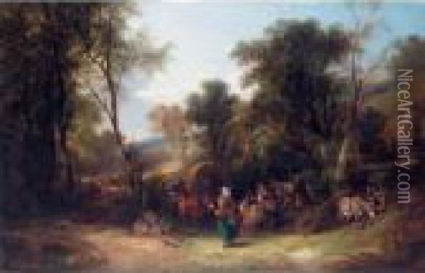 A Gypsy Encampment In A Wooded Landscape Oil Painting - Snr William Shayer