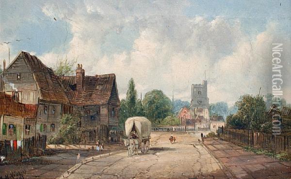 A Town Street Scene Oil Painting - A.H. Vickers