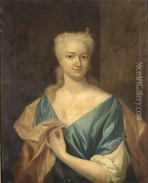 A Portrait Of Sara Louise De Laignier, Half Length, Wearing A Blue Dress With White Sleeves And A Pink Shawl Oil Painting - Philip van Dijk