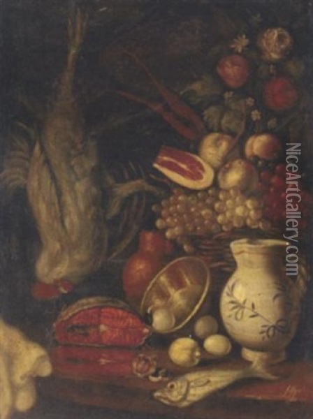 A Basket Of Fruit, Salmon, Eggs, An Earthenware Jug On A Partly-draped Table With A Cockerel Suspended Behind Oil Painting - Carlo Magini