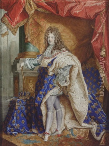 Louis Xiv Wearing Ceremonial Robes Of Royal Blue, White Doublet With Lace Cuffs, Stockings And Slippers; He Stands With The Instruments Of His Investiture... Oil Painting - Richard Buchta