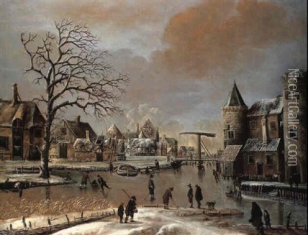 A Frozen Canal Scene Outside The Gates Of A Town With       Numerous Skaters And Other Figures Oil Painting - Thomas Heeremans
