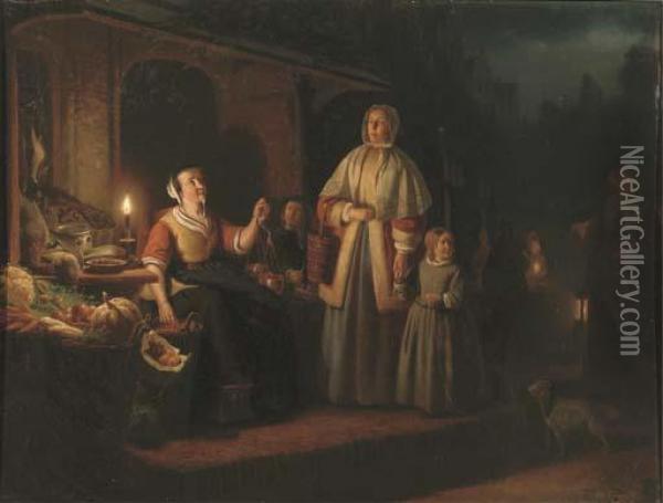 Buying Berries On The Nightmarket Oil Painting - Johannes Christoffel Vaarberg