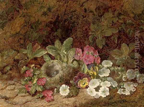 A bird's nest with primulas, pansies and blossom on a mossy bank Oil Painting - George Clare