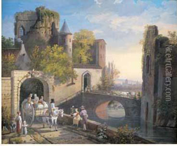 Vue De L'entree D'une Ville Fortifiee Pres D'une Riviere Oil Painting - Louis Gadbois
