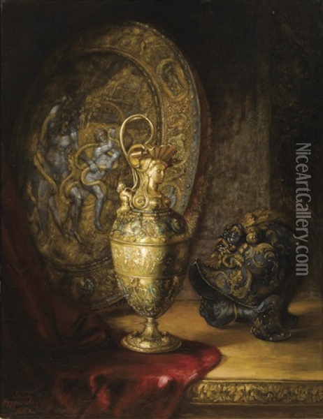 Casque, Aiguiere Et Bouclier Sur Une Table Oil Painting - Lucien Przepiorski
