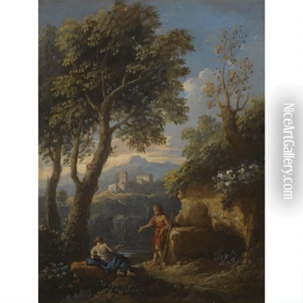 A View Of The Roman Campagna With Two Figures Conversing On A Path, A Settlement Beyond Oil Painting - Jan Frans van Bloemen