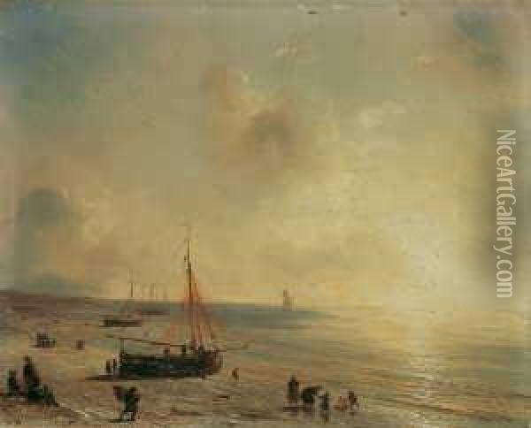 Fischerboote Am Strand Bei Den Haag. Oil Painting - Theodore Gudin