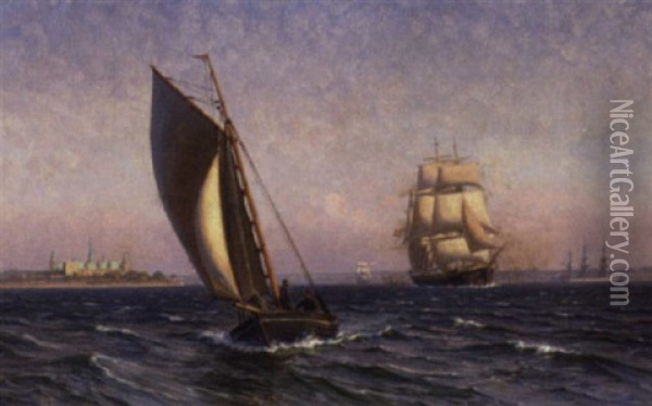 Sejlskibe Ud For Kronborg En Sommerdag Oil Painting - Vilhelm Karl Ferdinand Arnesen