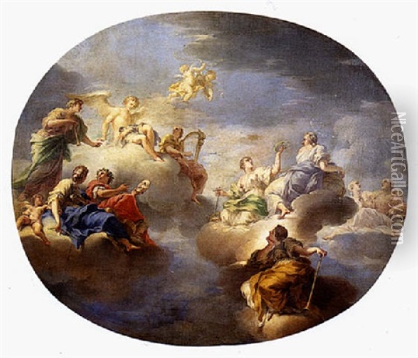 Apollo Accompanied By The Muses Urania, Thalia, Terpsichore, Erato And Calliope Oil Painting - Antonio Bellucci