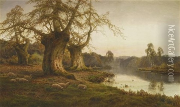 'autumn Leaves, Burnham Beeches' Oil Painting - Alfred de Breanski Sr