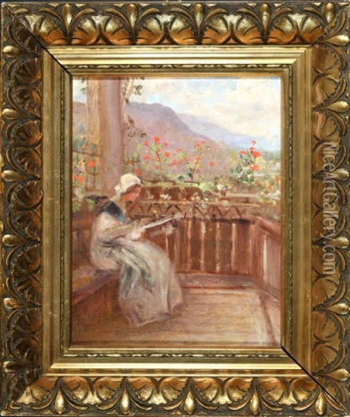 Lesende Frau Auf Veranda Oil Painting - Leontine (Lea) von Littrow