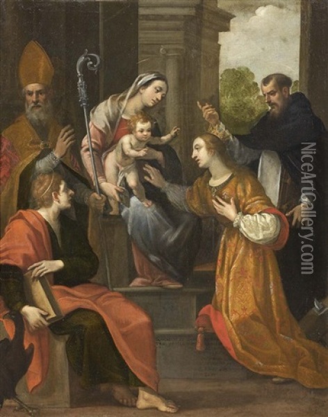 Matrimonio Mistico Di Santa Caterina E Santi Oil Painting - Jacopo Confortini