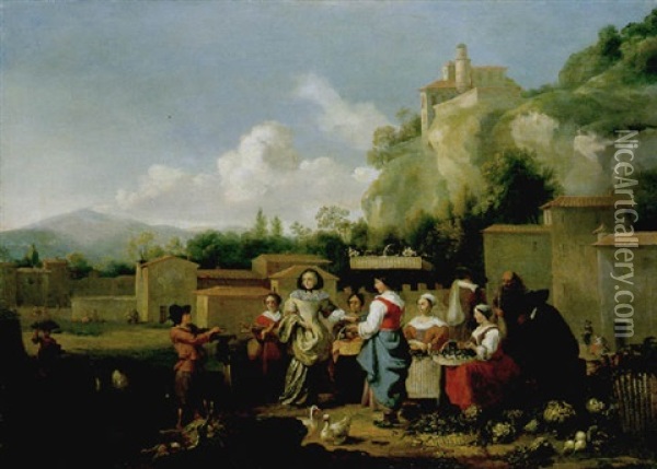 A Market Scene With Vegetable And Poultry Sellers Within A Walled Italianate Town Oil Painting - Hendrick Mommers