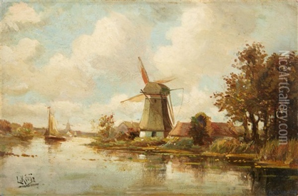 A Dutch River Landscape With A Windmill Oil Painting - Lodewijk Johannes Kleijn