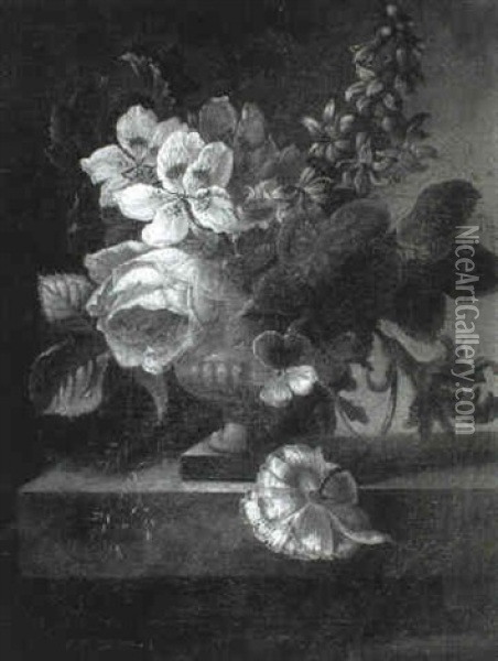 A Still Life Of Flowers In A Vase On A Ledge Oil Painting - Jacobus Petrus C. Os