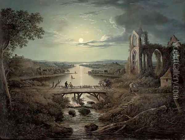 A moonlit view of the River Tweed with Melrose Abbey in the foreground and figures on a bridge Oil Painting - Abraham Pether