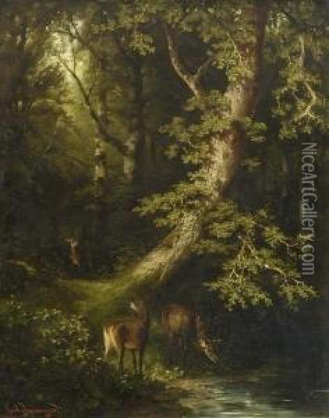 Rotwild Am Waldteich. Oil Painting - Carl I Schweninger